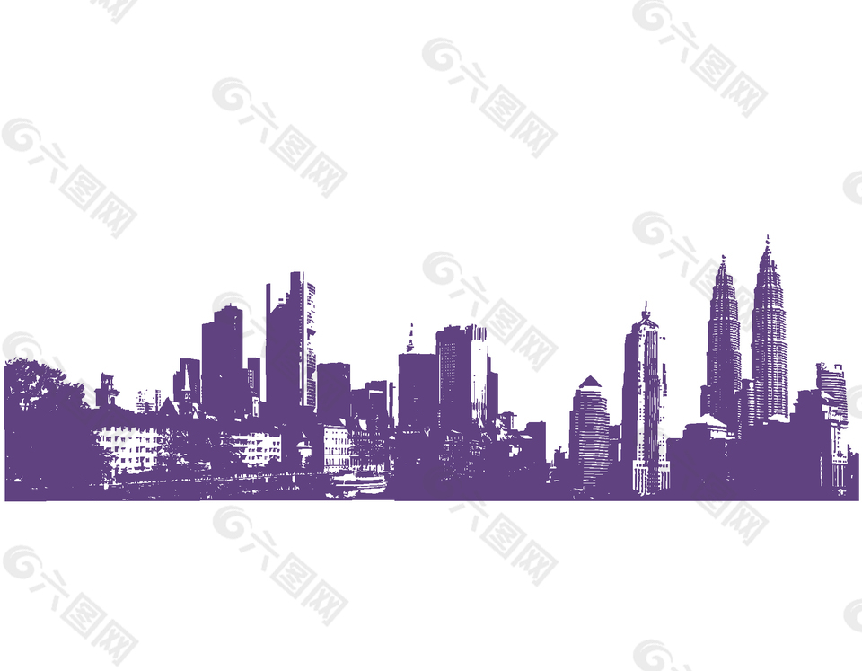 卡通紫色线条城市元素