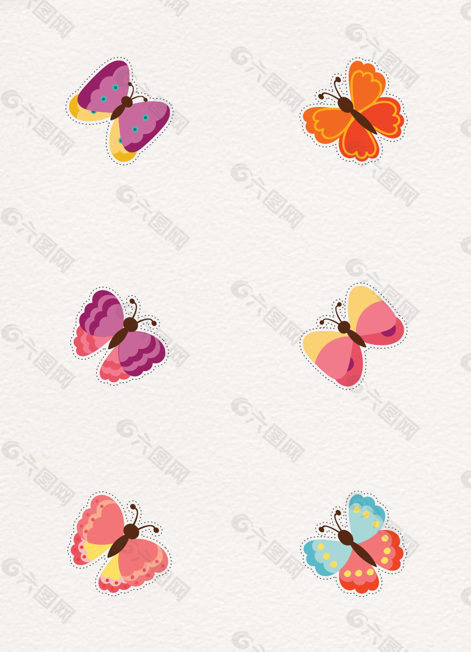 手绘彩色6款蝴蝶设计素材