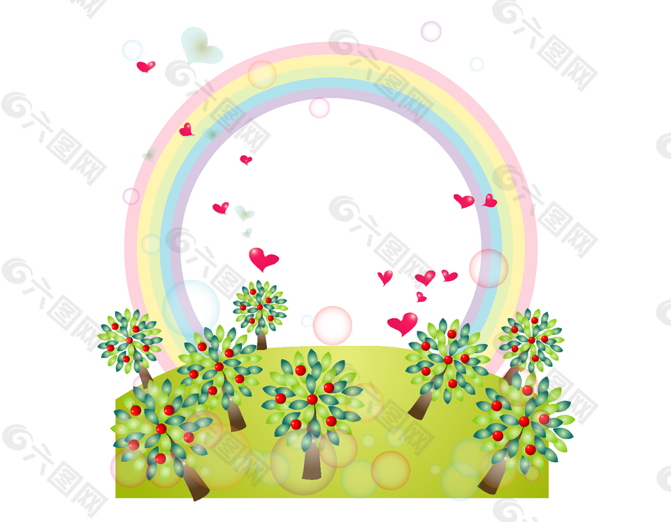 卡通苹果树和爱心彩虹