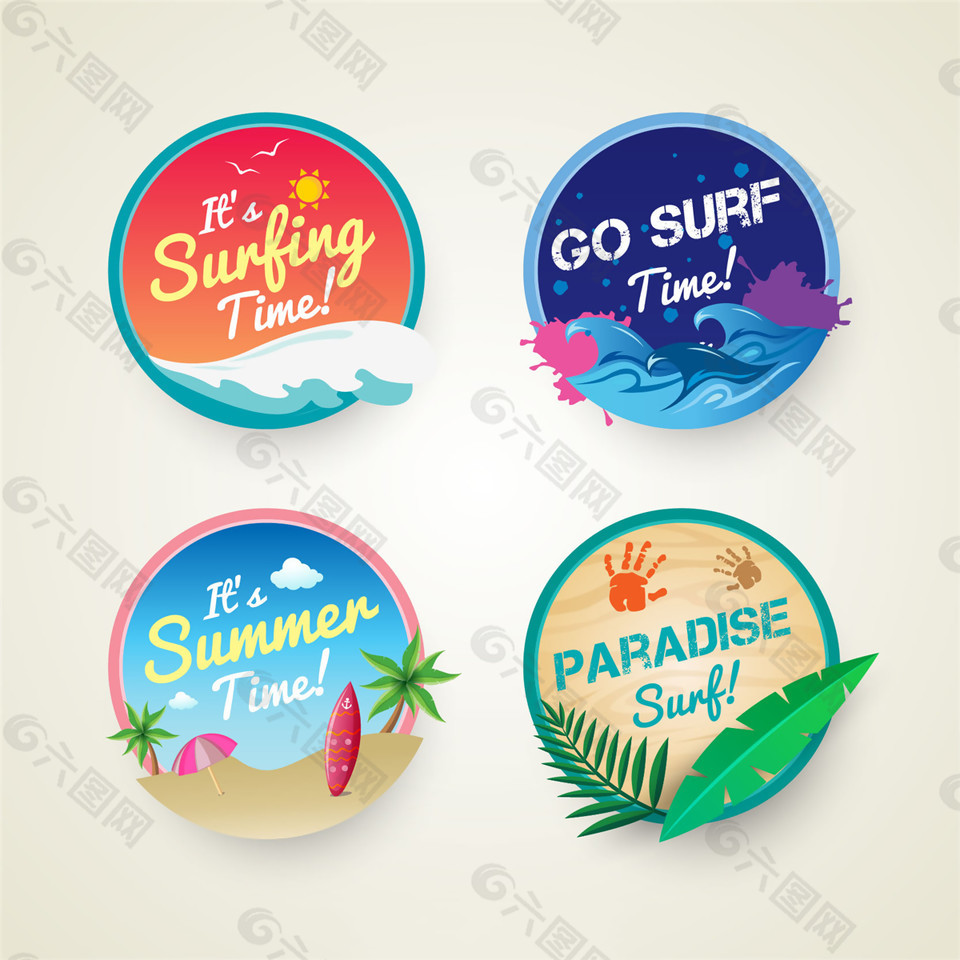 彩色沙滩旅行圆形图标设计元素