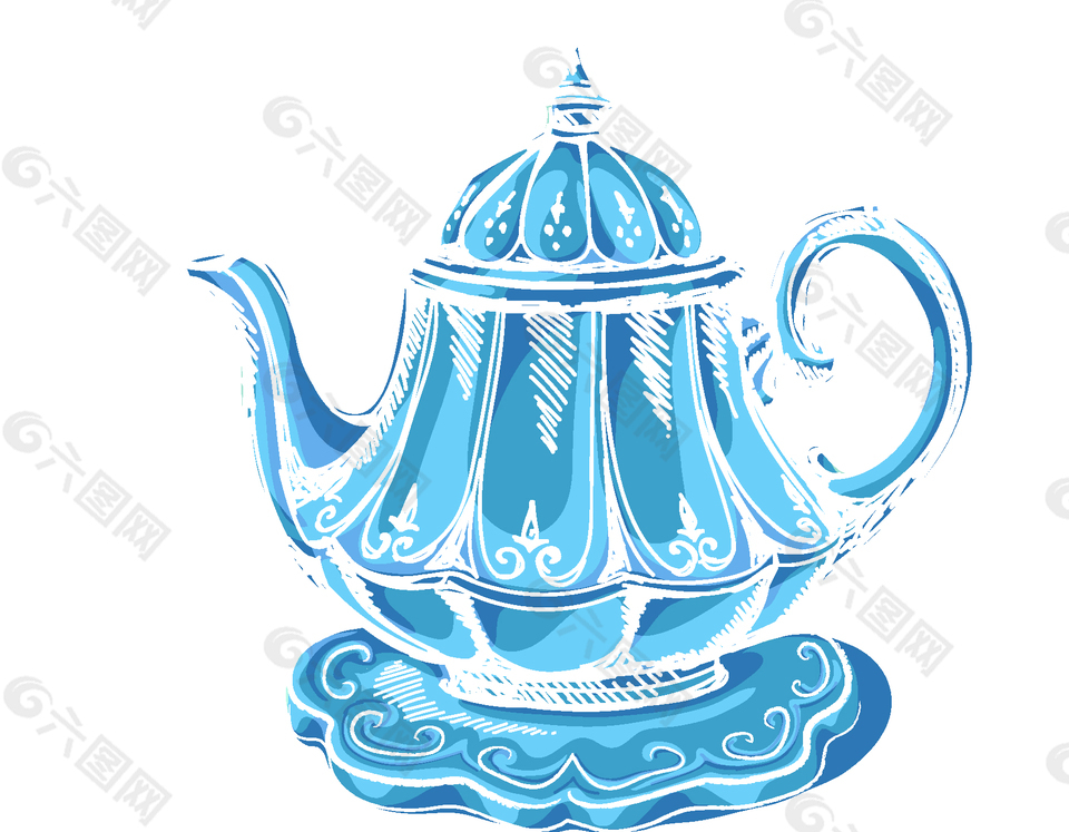 手绘卡通蓝色茶壶元素