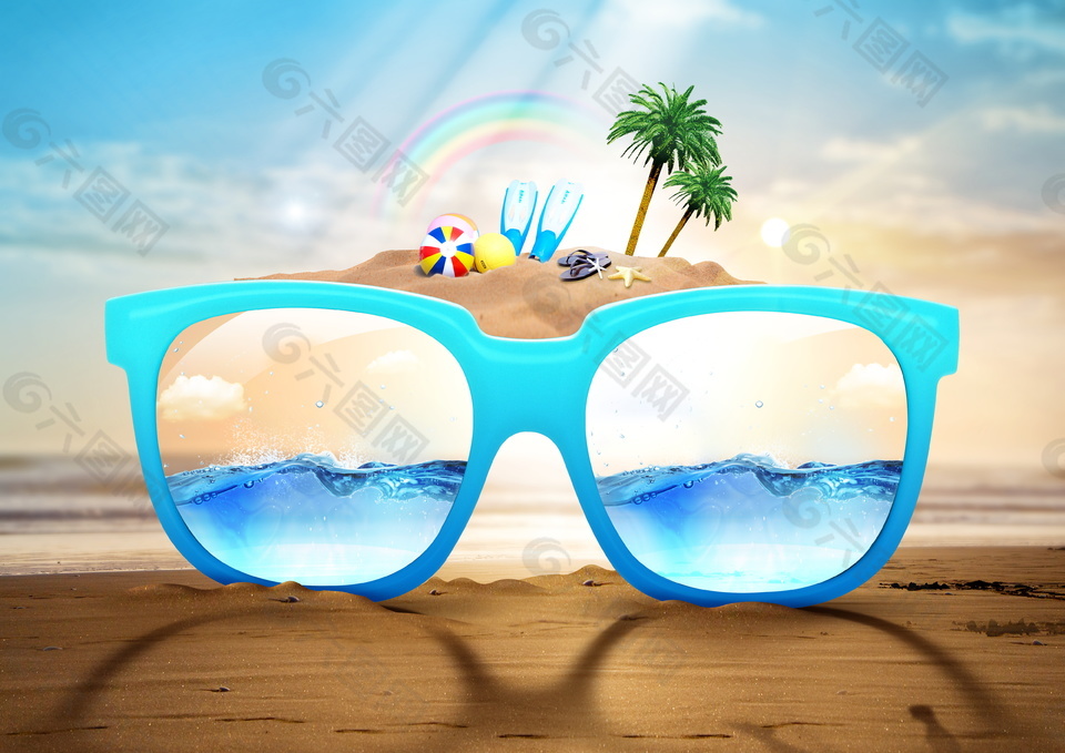 抽象夏日海滩眼镜沙堆海报背景设计