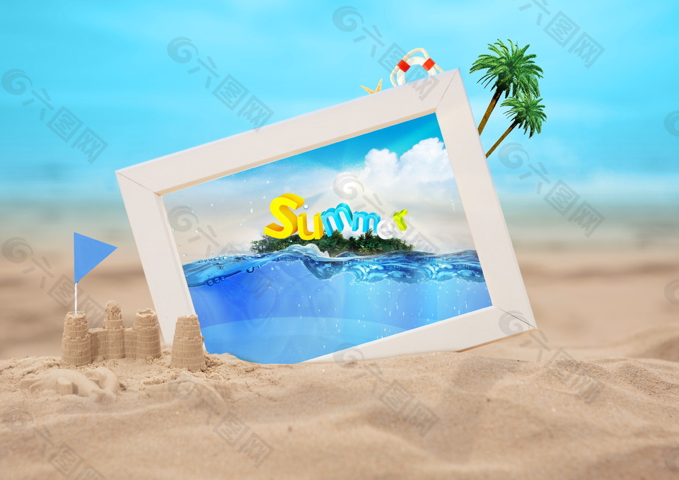夏日海滩沙堆相片海报背景设计