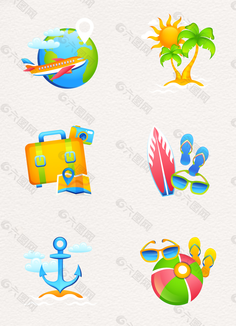 彩色手绘夏季沙滩旅行设计元素