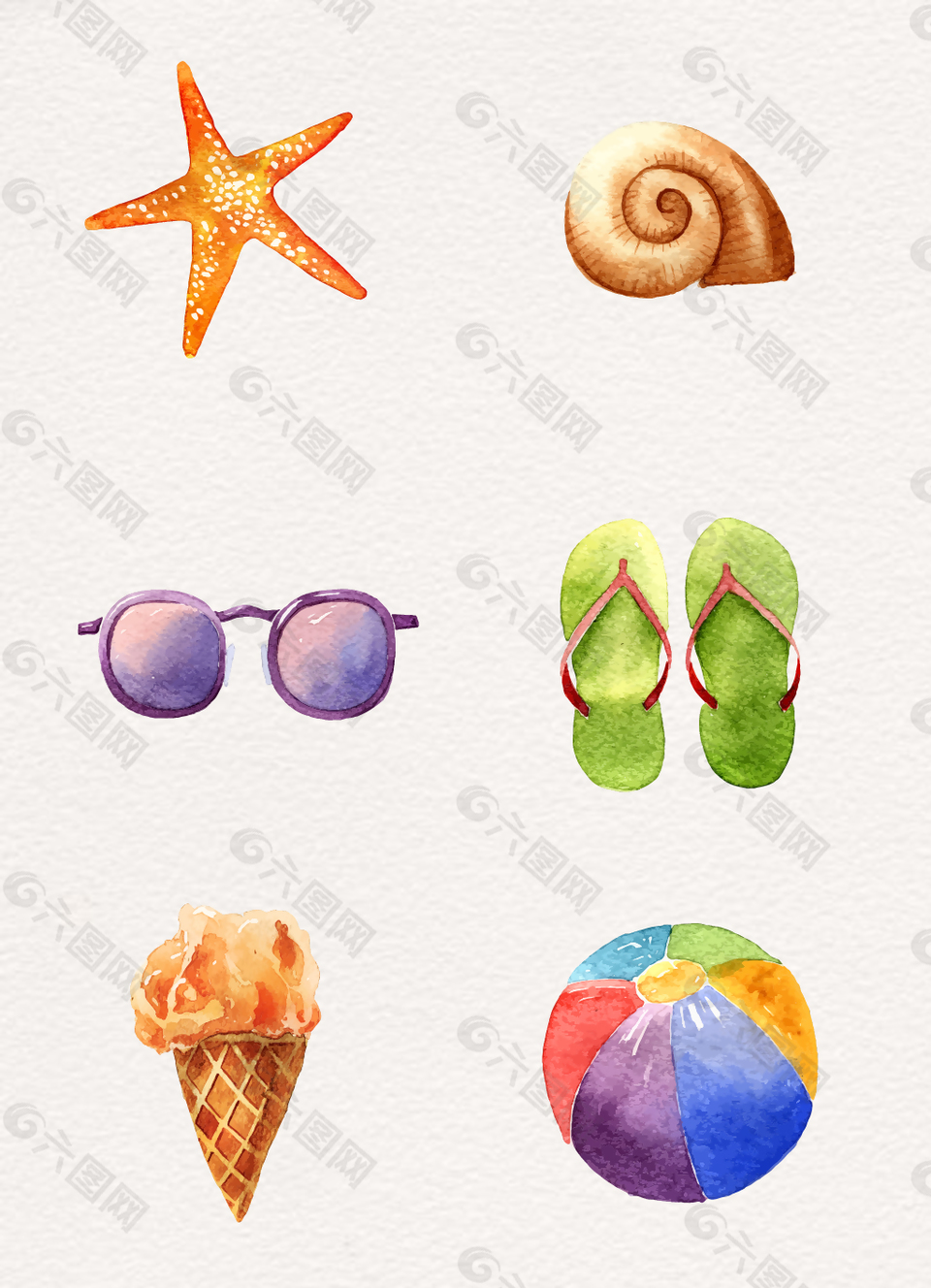 水彩绘沙滩矢量元素