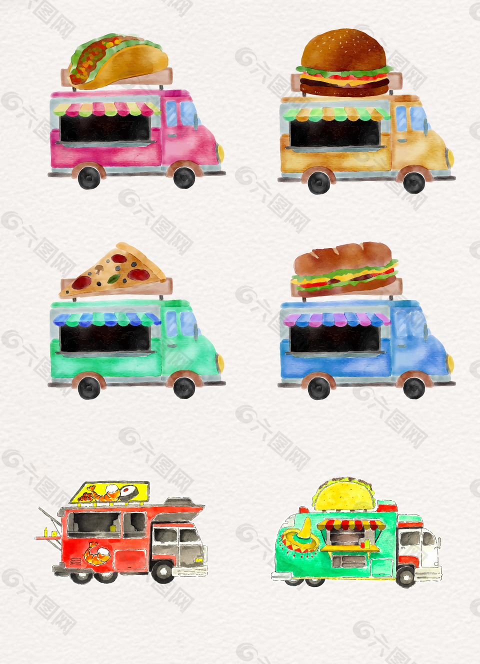 彩绘6款可爱的快餐车矢量元素