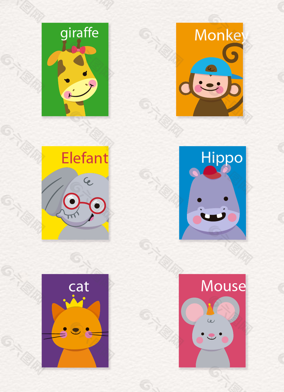 6款动物英文卡片矢量元素