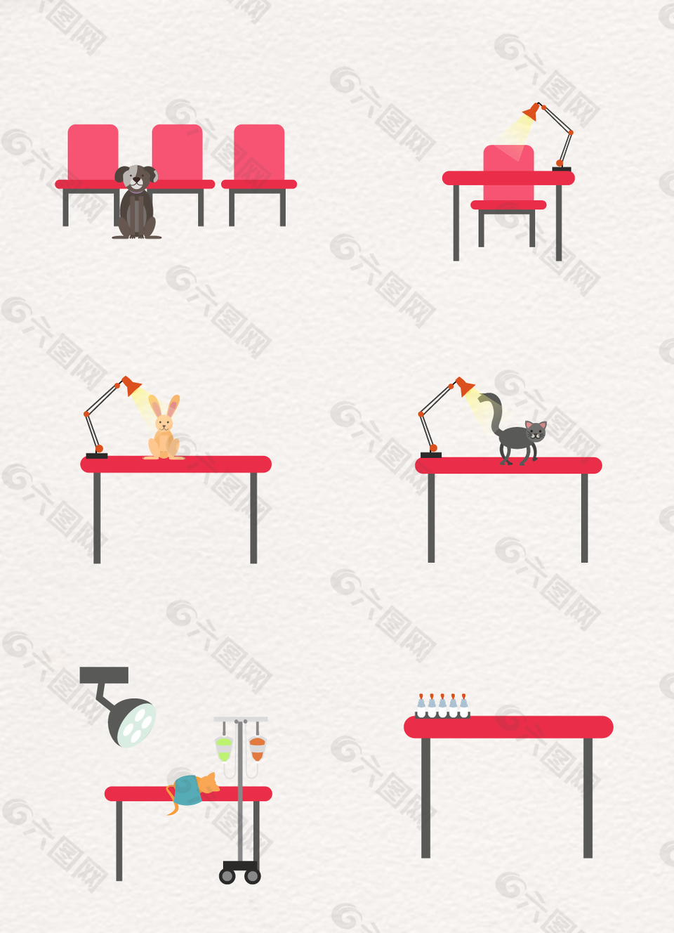 6款枚红色扁平矢量椅子桌子设计