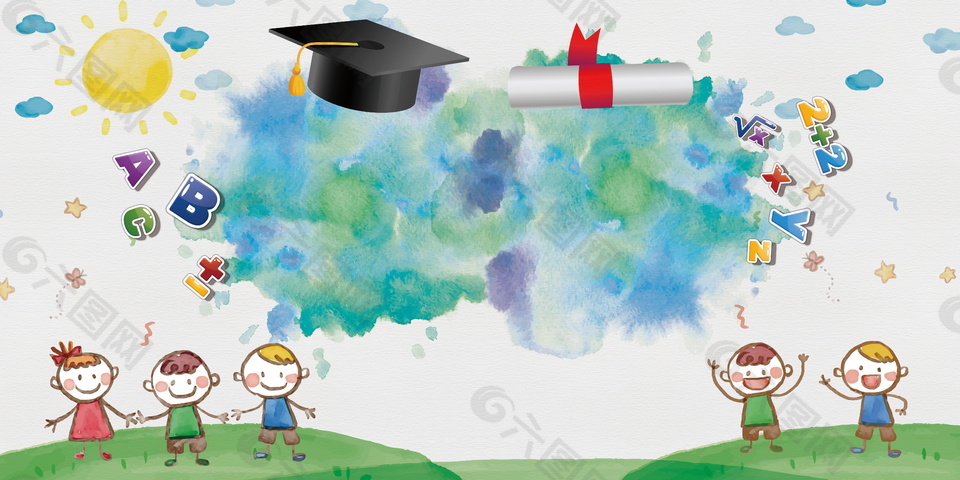 彩墨字母孩童毕业卡通幼儿园招生背景素材