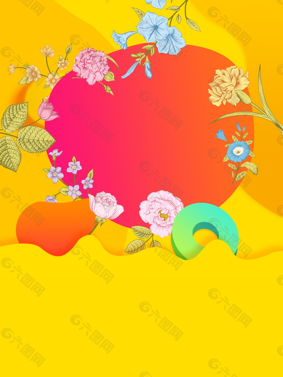 金黄底纹彩绘花枝夏季背景素材