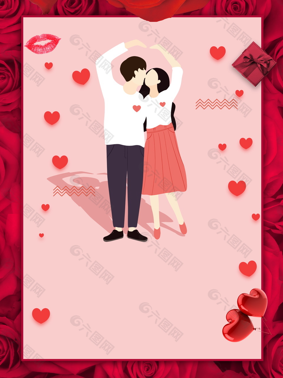 火红玫瑰边框爱心情侣国际接吻日背景素材