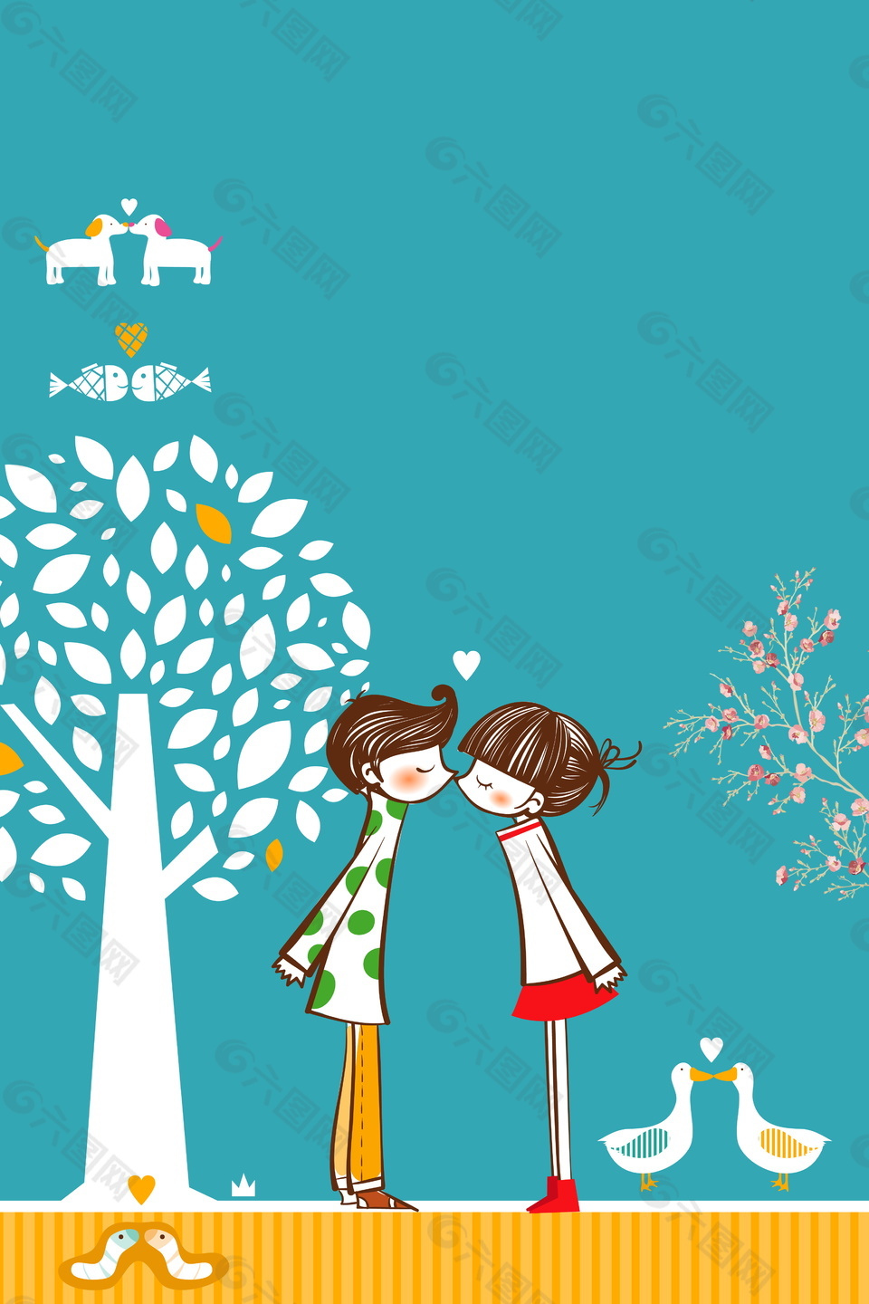 彩绘树下情人国际接吻日背景素材