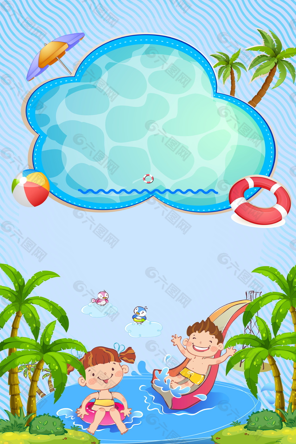 卡通孩子滑滑梯水上乐园背景素材