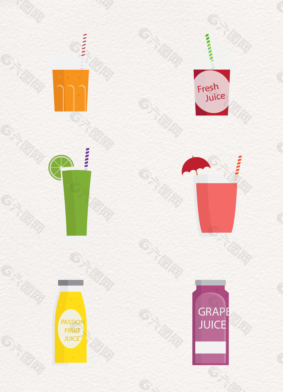 扁平化彩色果汁饮料矢量图
