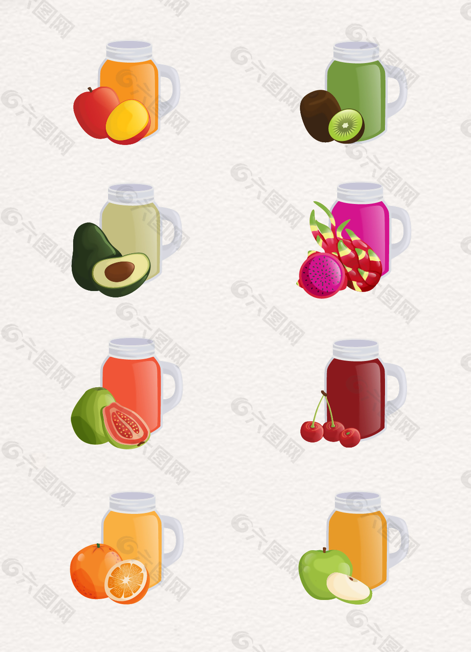 手绘新鲜水果和果汁矢量图