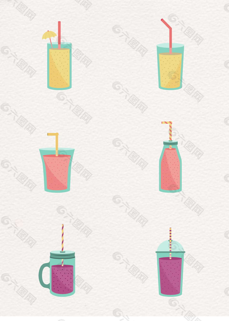 扁平化6款不同杯子装果汁素材