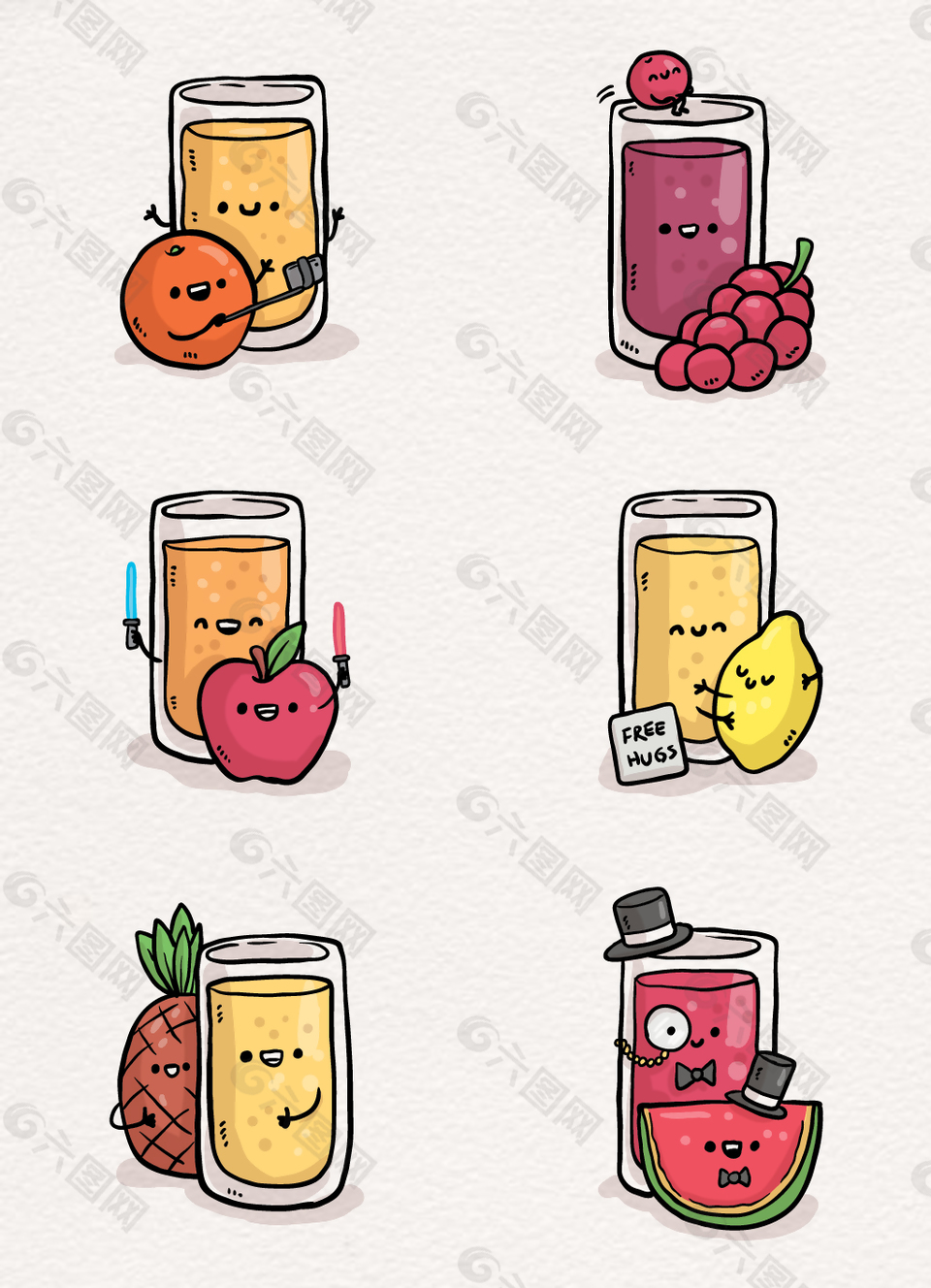 卡通可爱水果和果汁表情元素