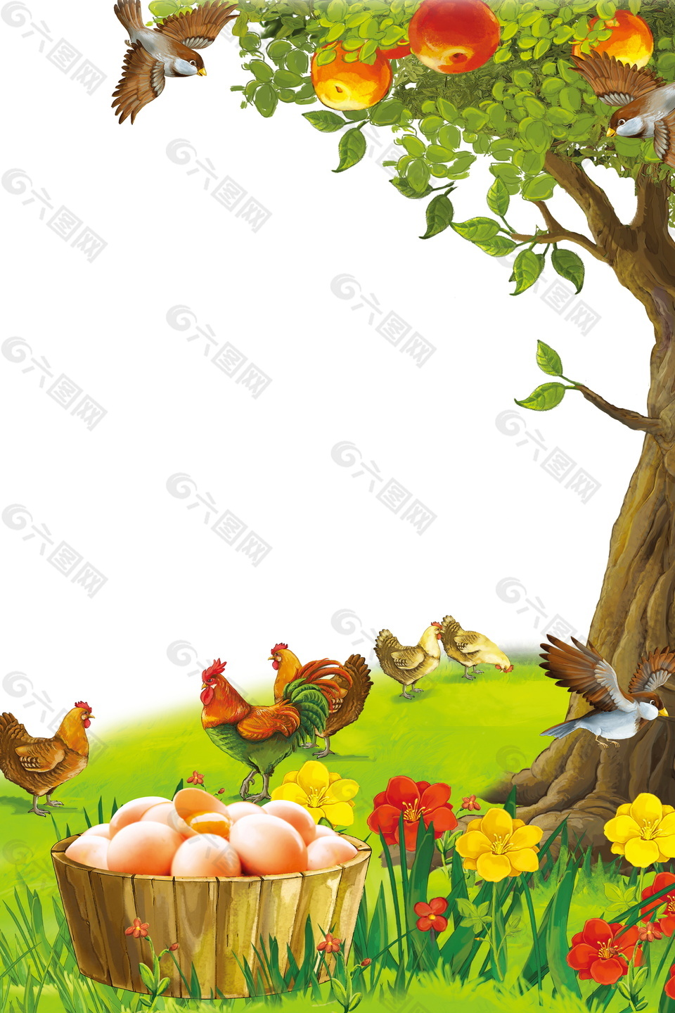 彩绘苹果树下的土鸡蛋背景素材