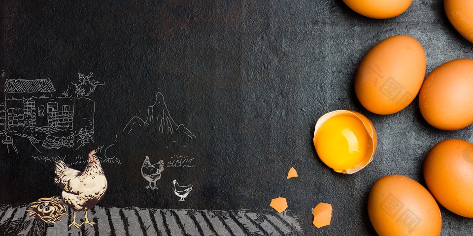 手绘母鸡和土鸡蛋背景素材