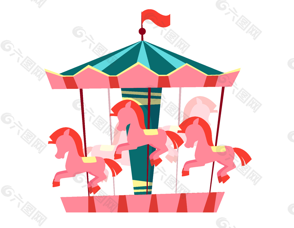 手绘粉色旋转木马元素
