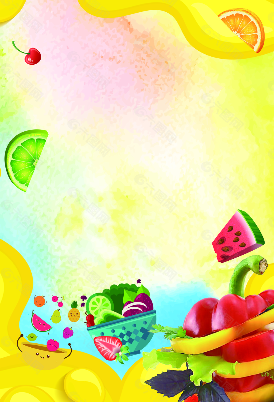 黄色创意夏季水果沙拉海报背景