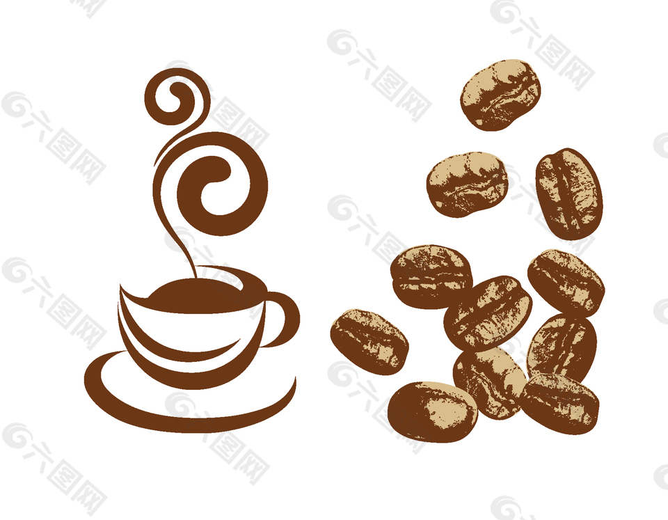 手绘咖啡与咖啡豆装饰图