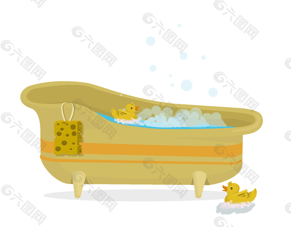 卡通手绘黄色浴缸里的小黄鸭