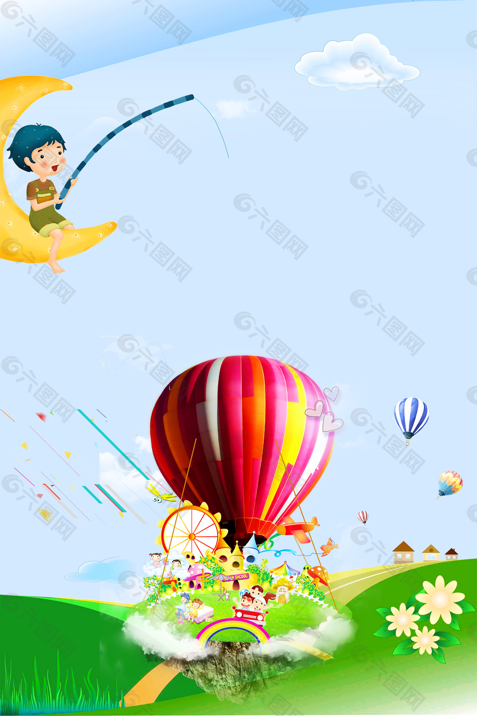 蓝天白云风景气球绿色草地卡通背景素材