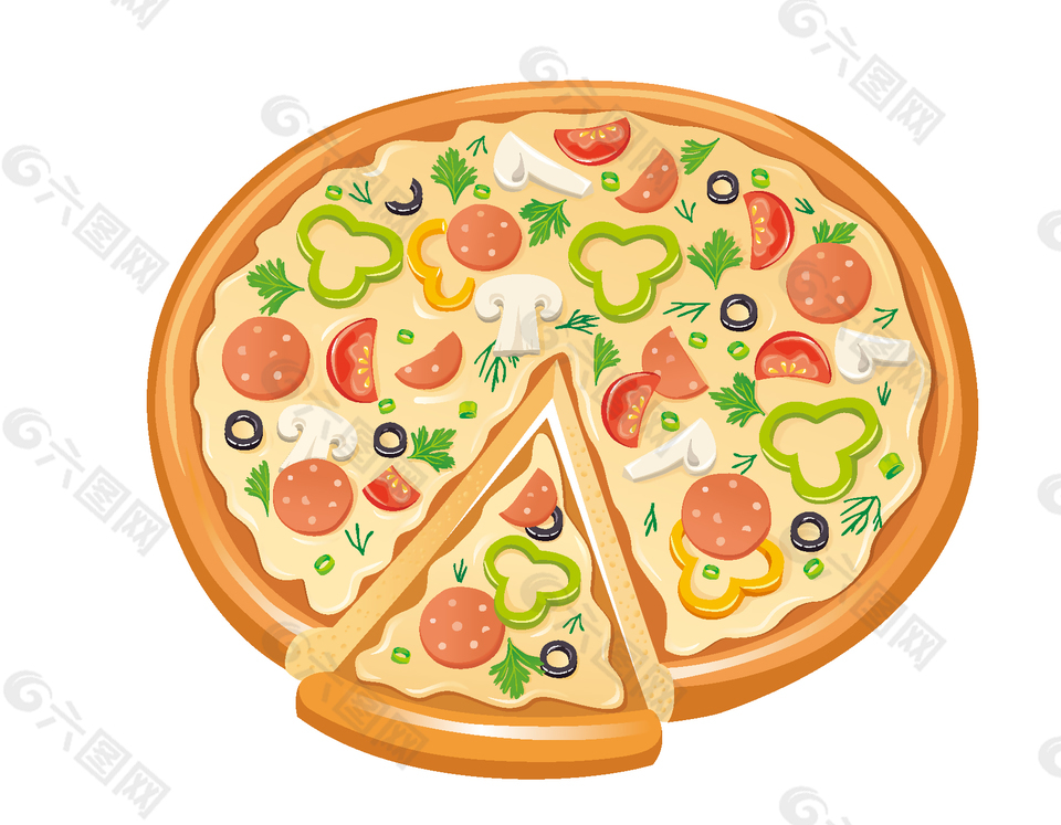 卡通香肠蔬菜披萨矢量图