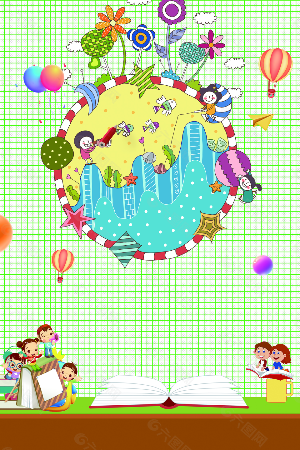 卡通小朋友读书开学上课背景
