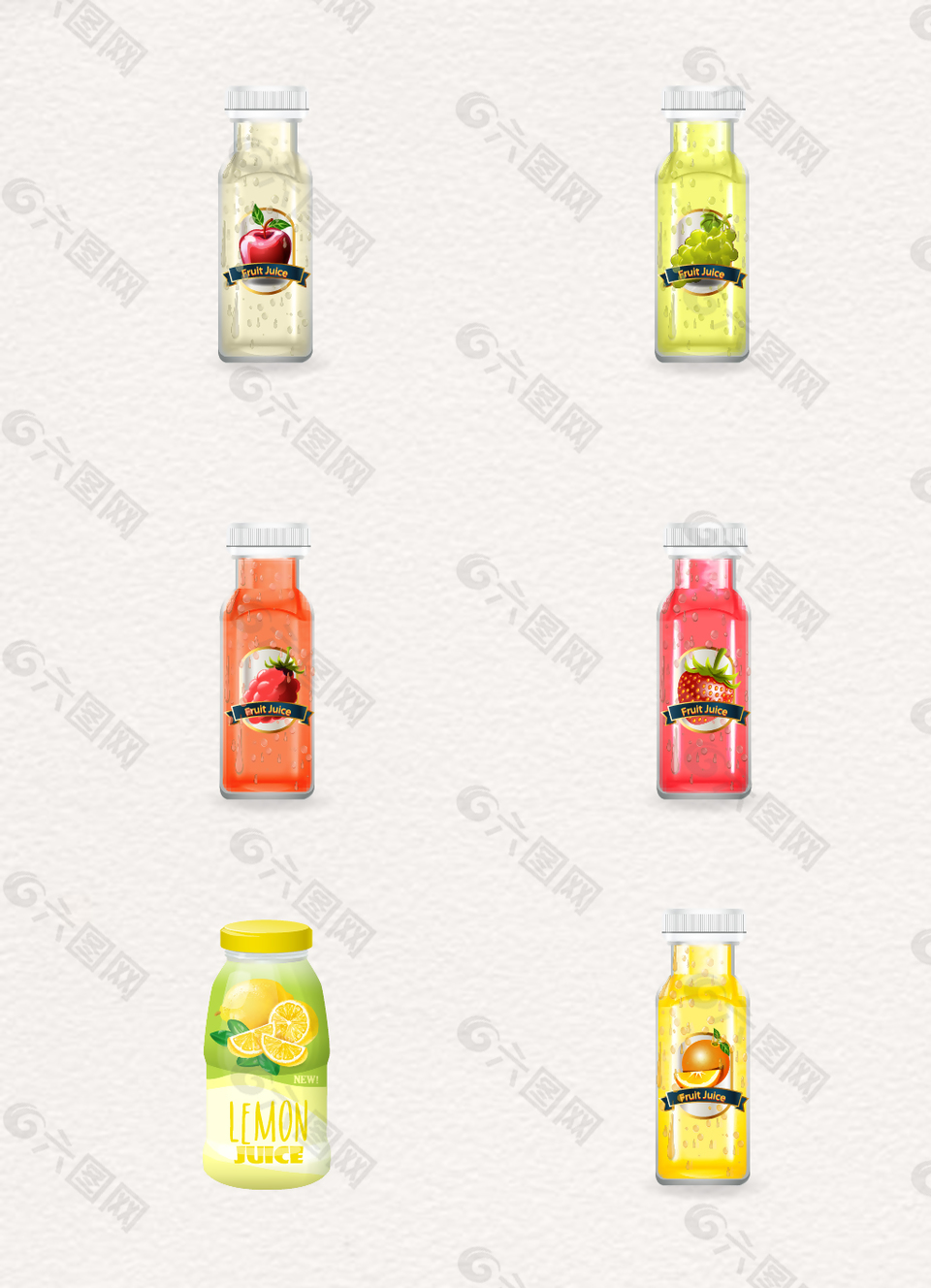 6瓶手绘果汁饮料设计
