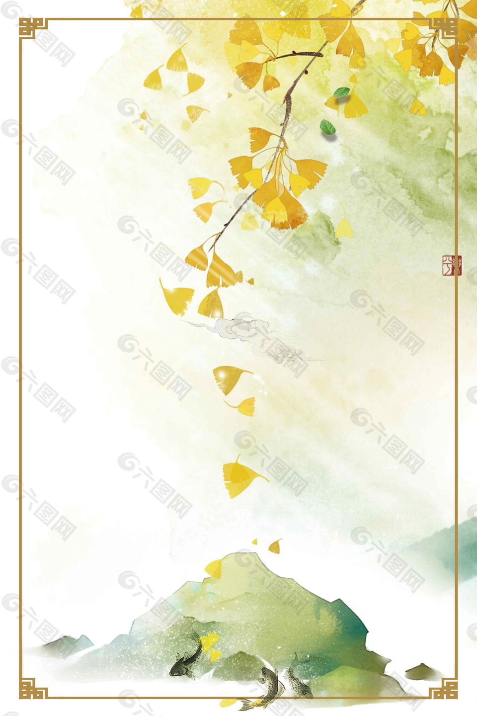 彩绘立秋节气银杏树叶边框背景