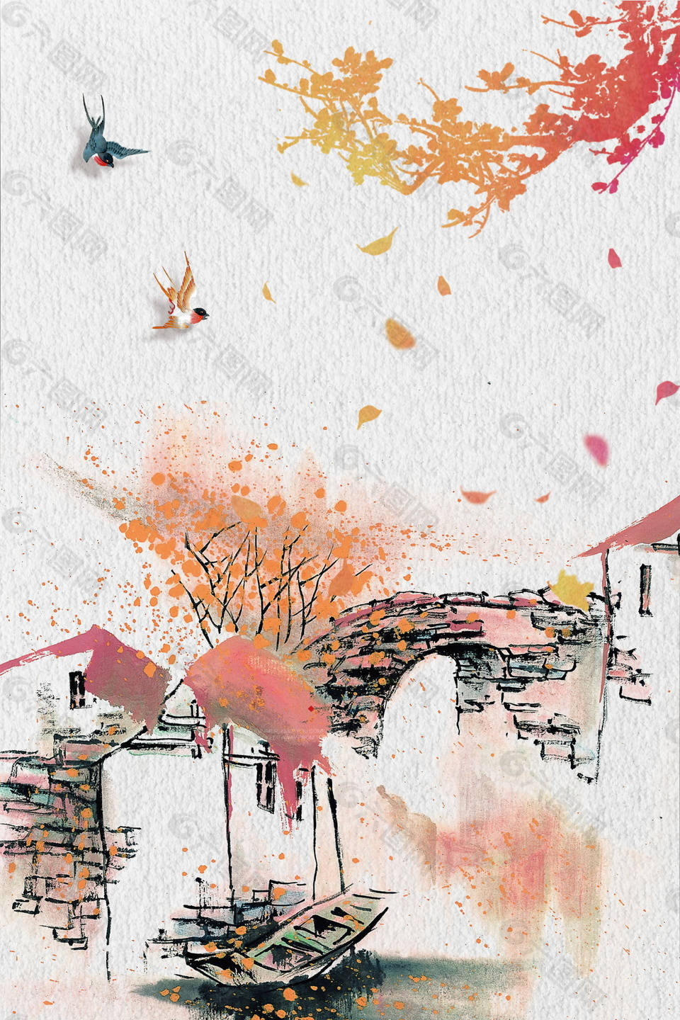 彩绘江南落叶之秋背景背景素材免费下载 图片编号 六图网