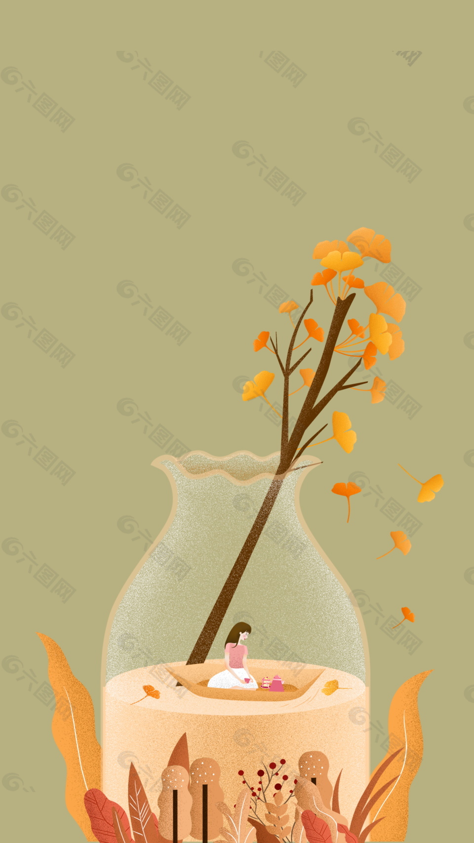 彩绘秋季主花瓶里的银杏枝背景