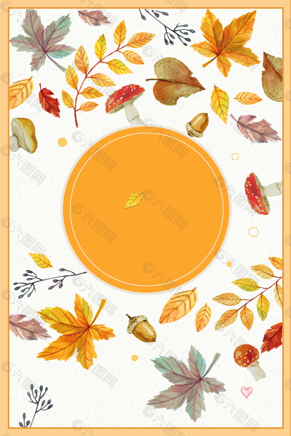 彩绘立秋主题树叶杏子红菇边框背景