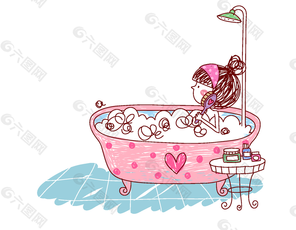 手绘卡通浴缸里洗澡的女孩