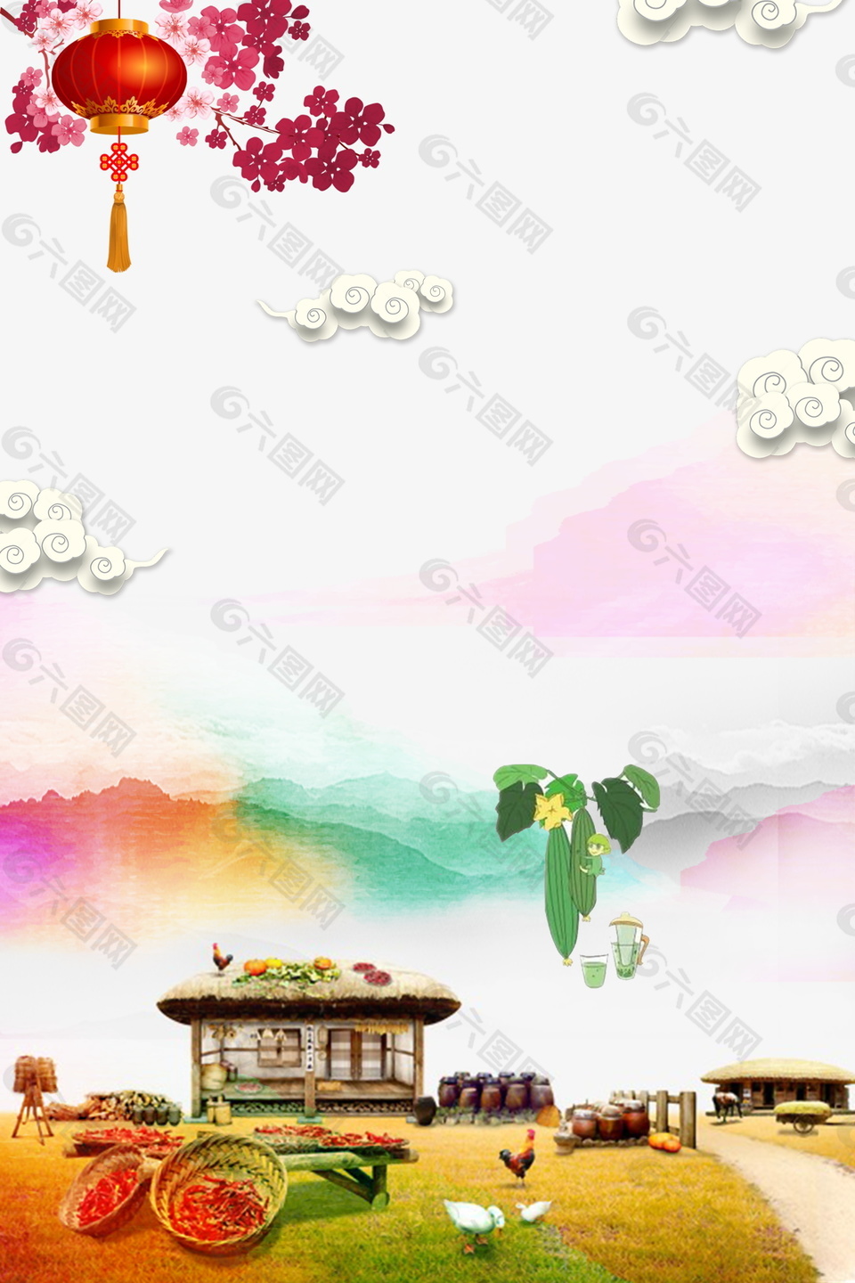 清新稻草屋农家乐广告背景