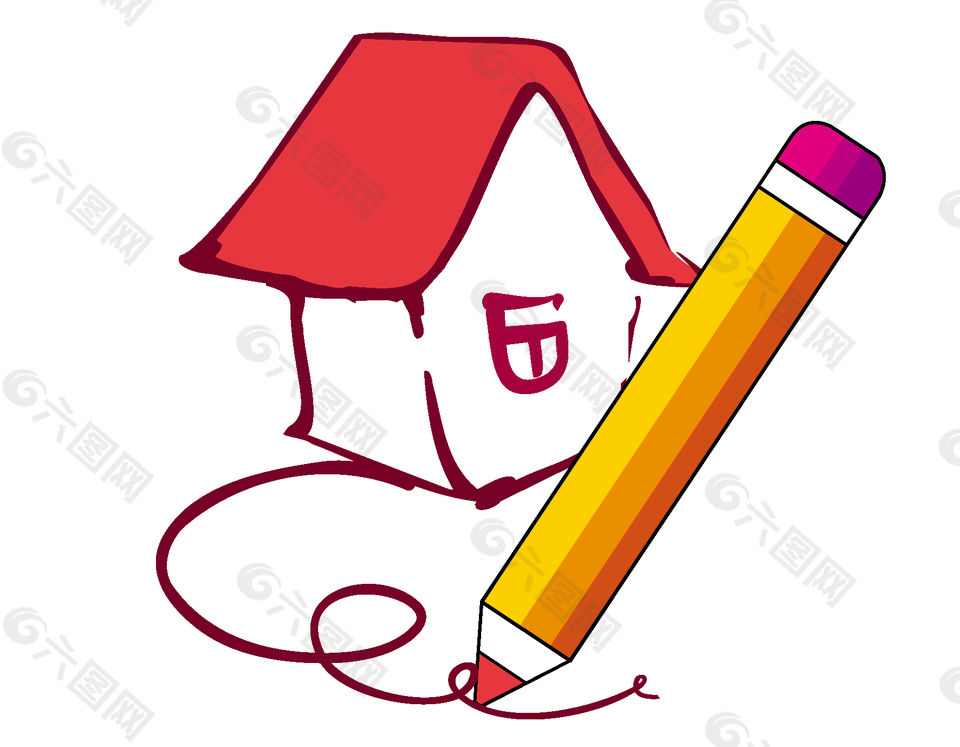 红色笔画的房子简画矢量图