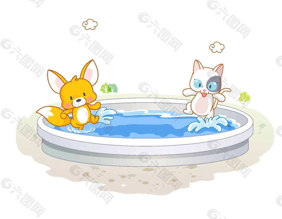 戏水的小松鼠与小猫咪矢量图