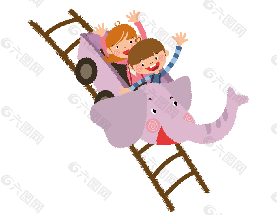 卡通坐大象火车玩耍的儿童
