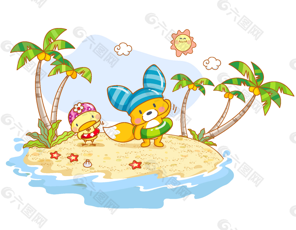 卡通夏日海边玩耍的动物