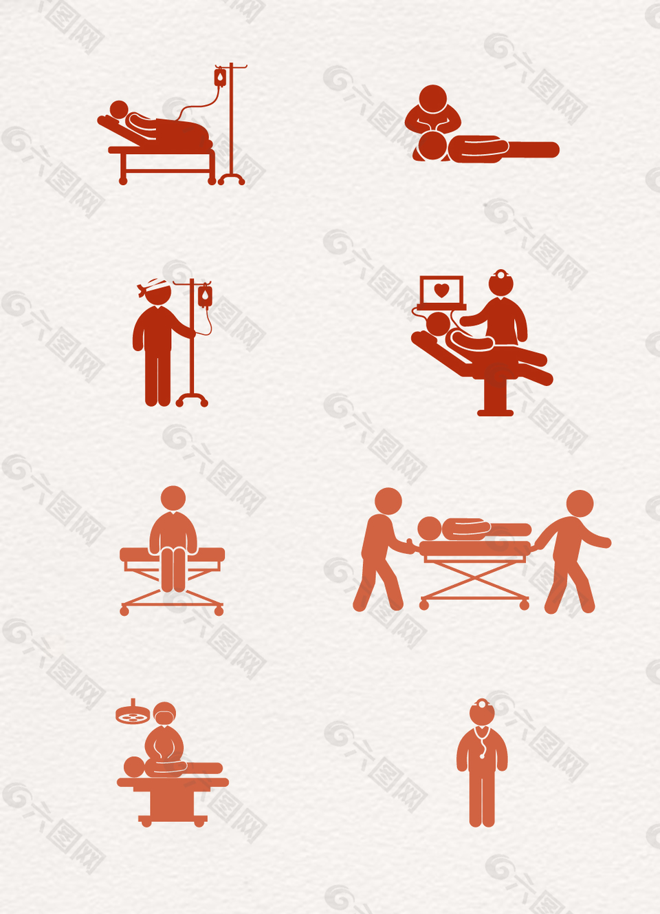 8款橙色医院医疗救护病房图标元素