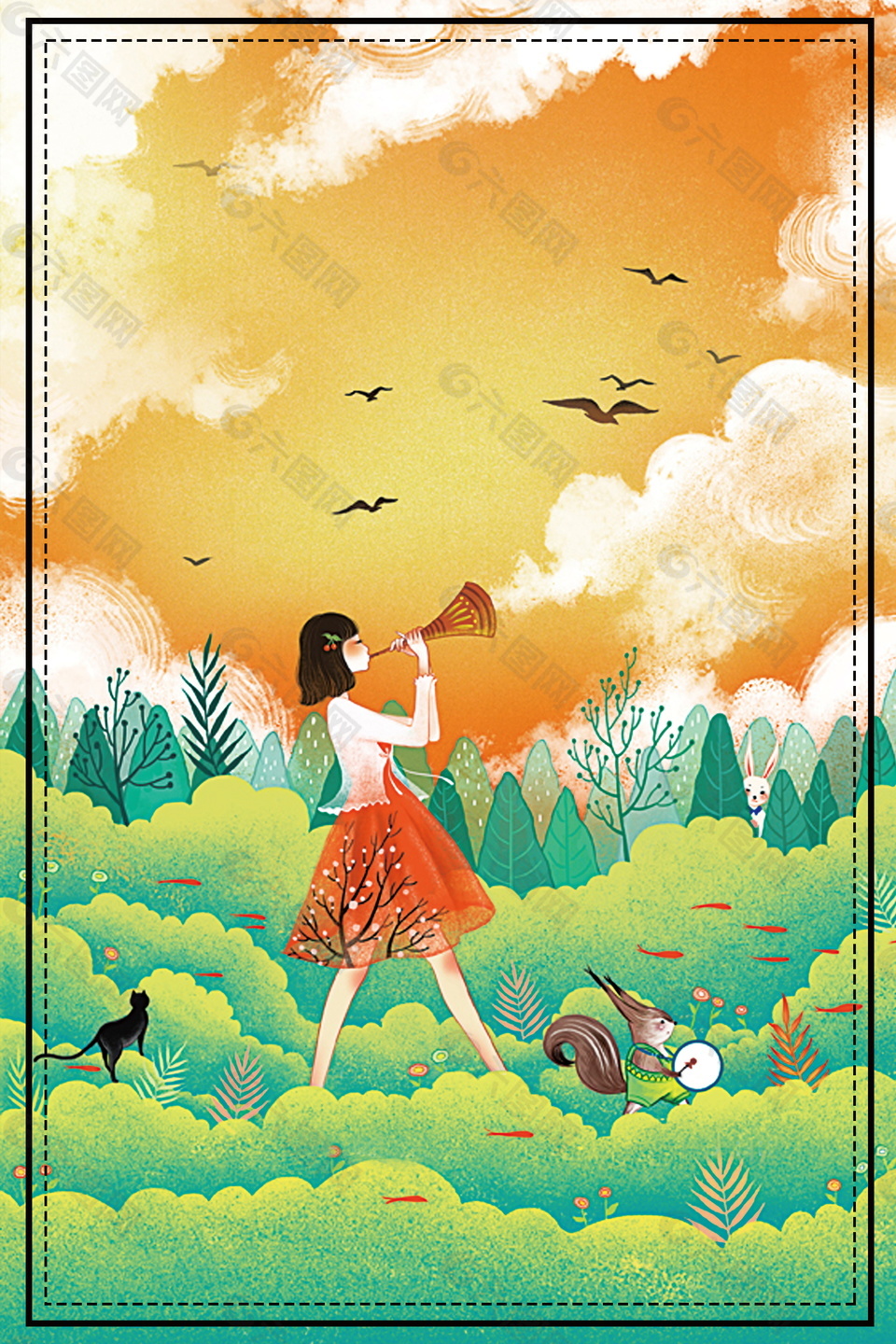 彩绘树林姑娘松鼠边框背景素材