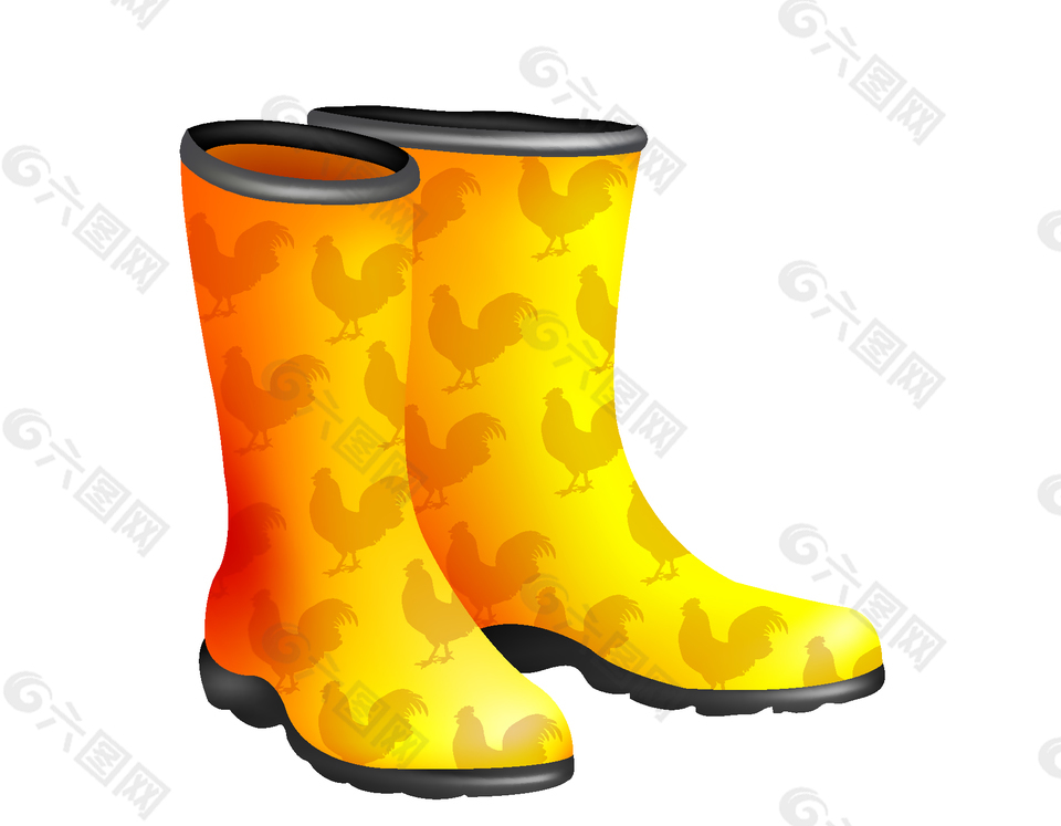黄色公鸡图案雨靴矢量素材