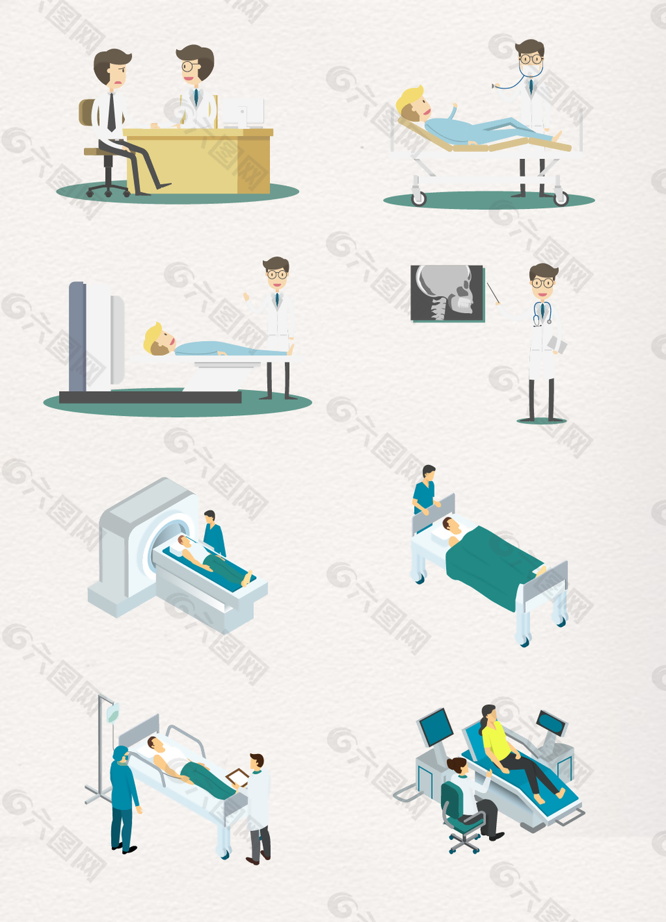 卡通医生和治疗的病人设计元素