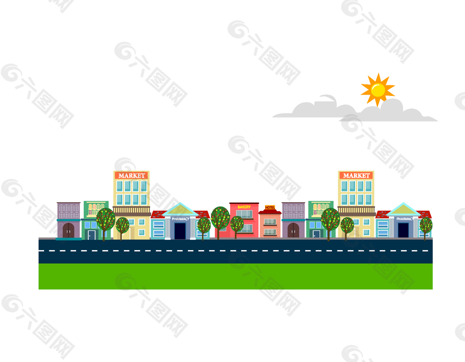 清晨城市的一角矢量素材