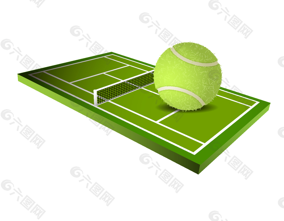网球与绿色网球场矢量素材