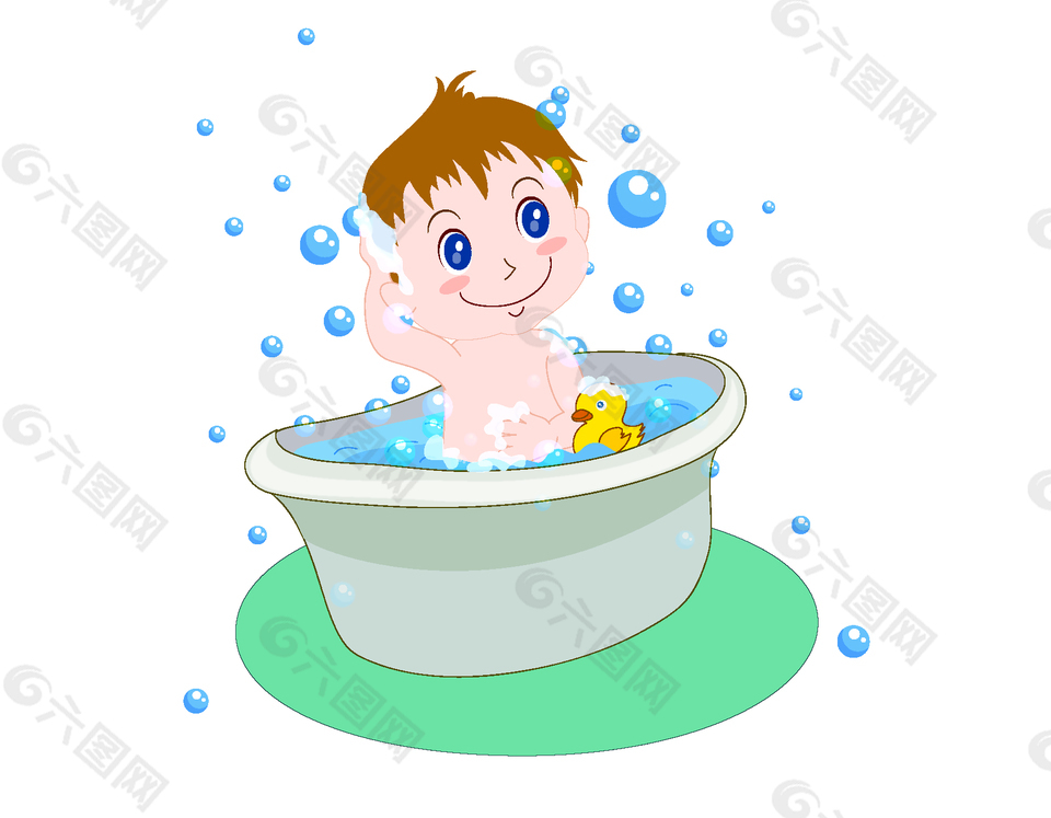 手绘卡通小孩洗澡元素