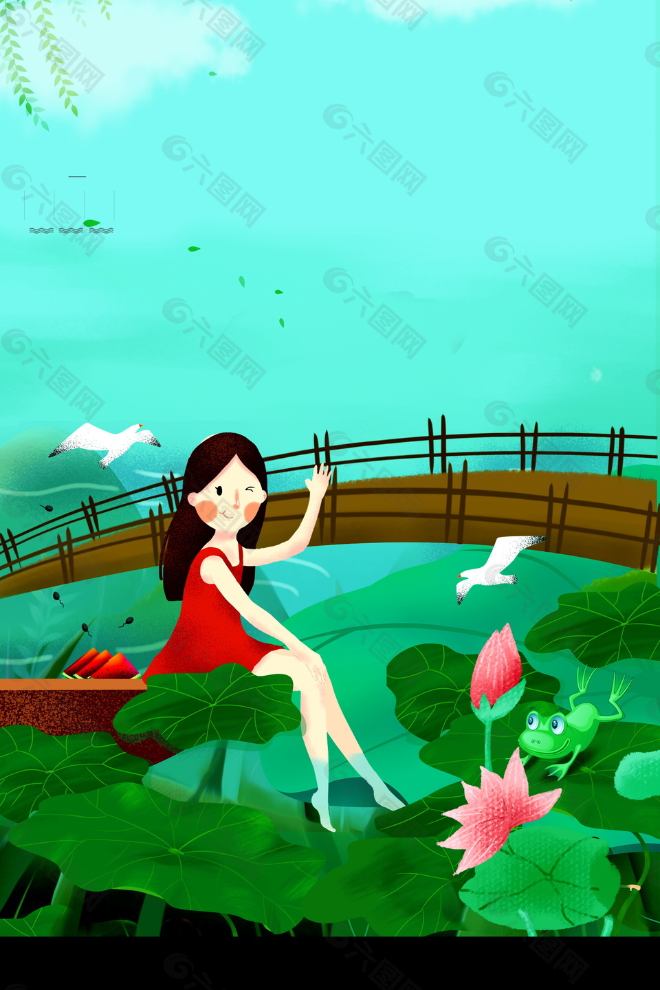 清新少女湖边乘凉广告背景
