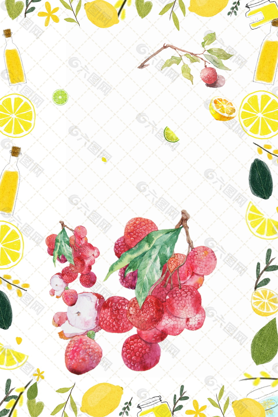 手绘荔枝柠檬饮料海报背景设计